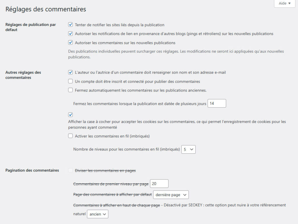 Réglages commentaires WordPress