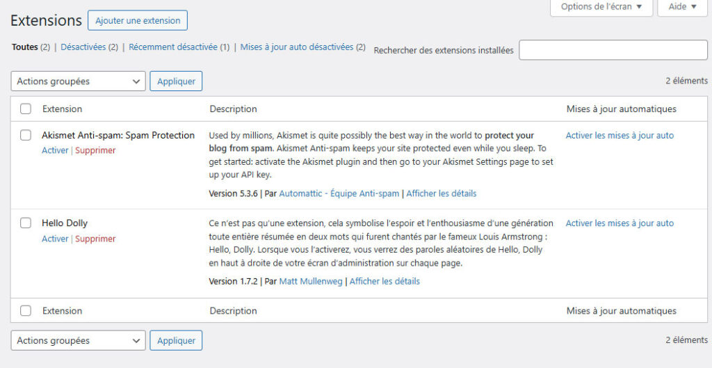 Réglages extension wordpress à l'installation