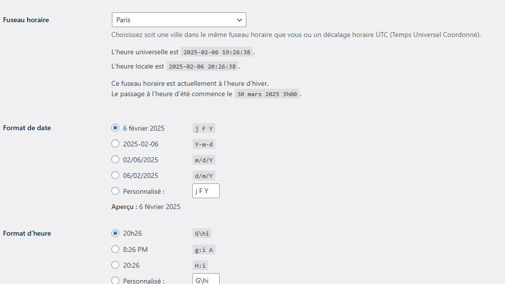 Réglages fuseau horaires WordPress
