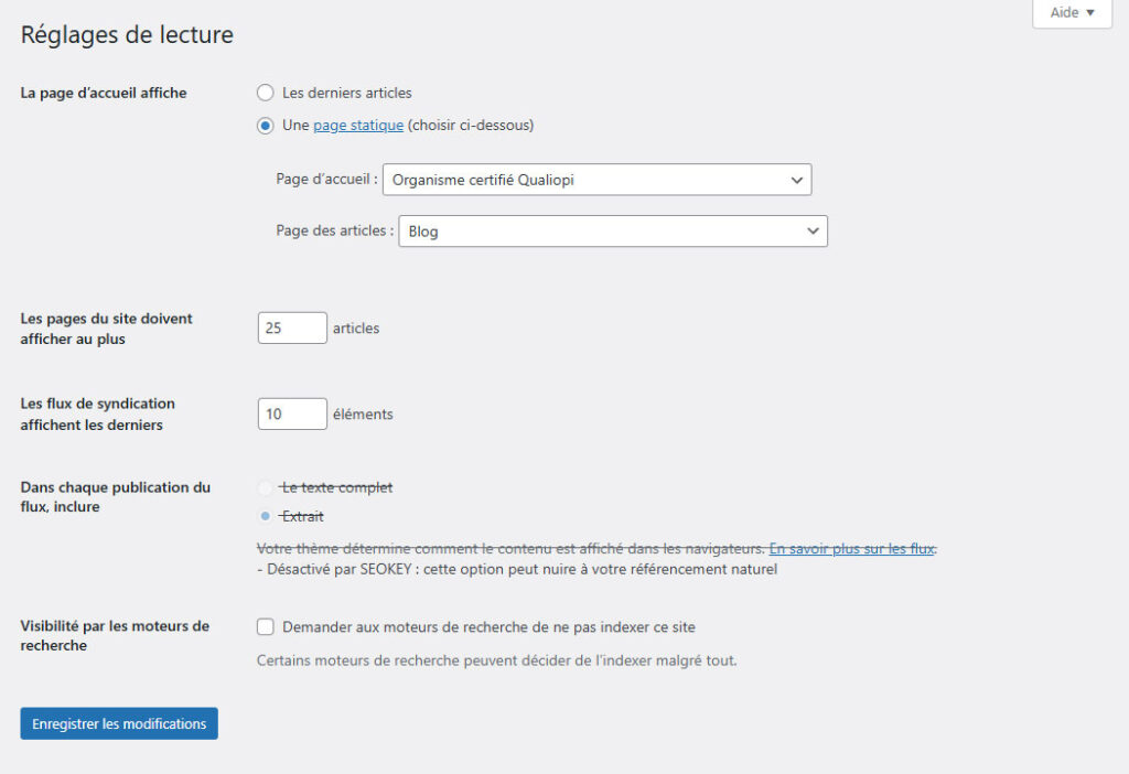 Réglages de lecture WordPress
