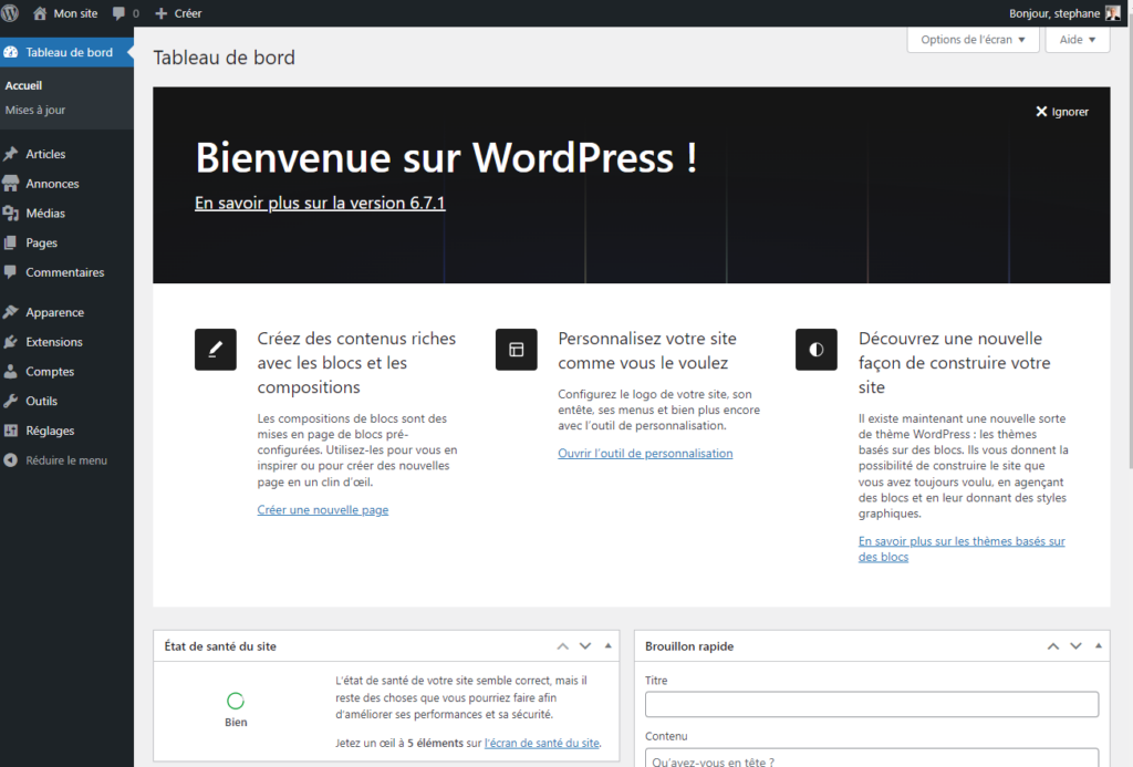 Le tableau de bord natif de WordPress