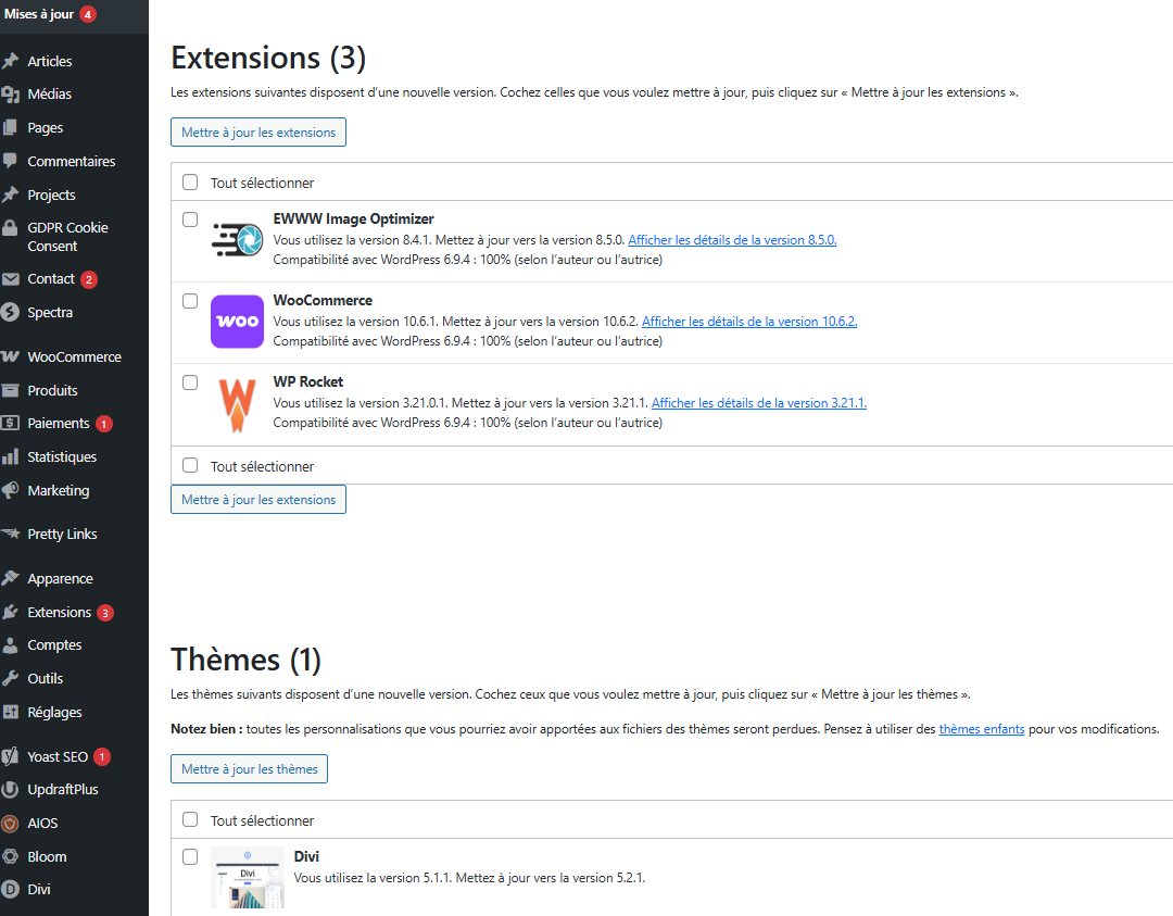 Vue du tableau de bord de WordPress pour les mises à jour des extensions, du core et des thèmes de WordPress