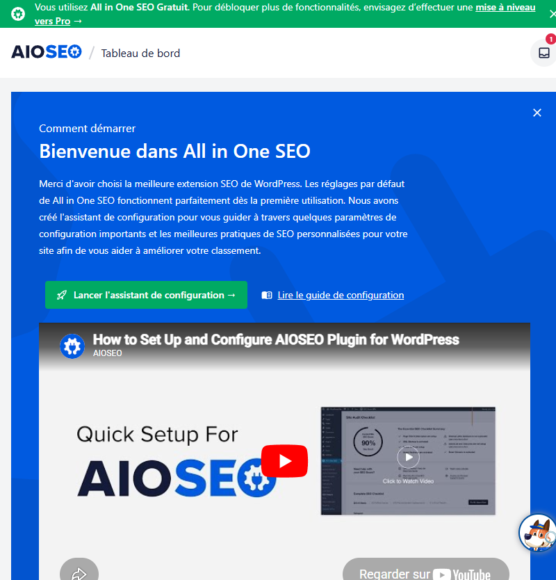 Capture d'écran du tableau de bord de l'extension all in one SEO, extension SEO WordPress