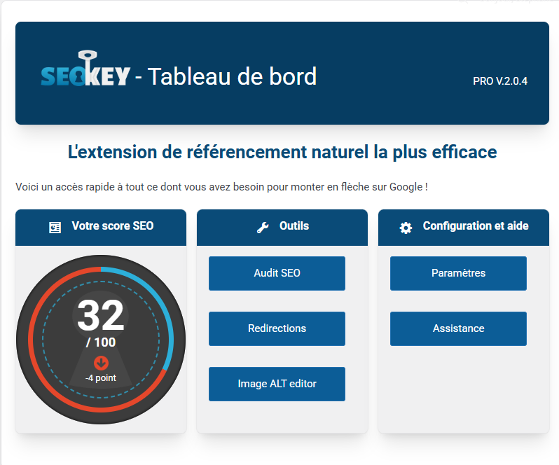 Capture d'écran tableau de bord SEOKEY, plugin SEO WordPress