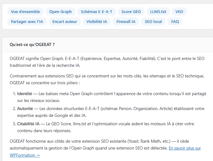 Capture d'écran de la documentation de l'extension de SEO OGEEAT, plugin SEO WordPress