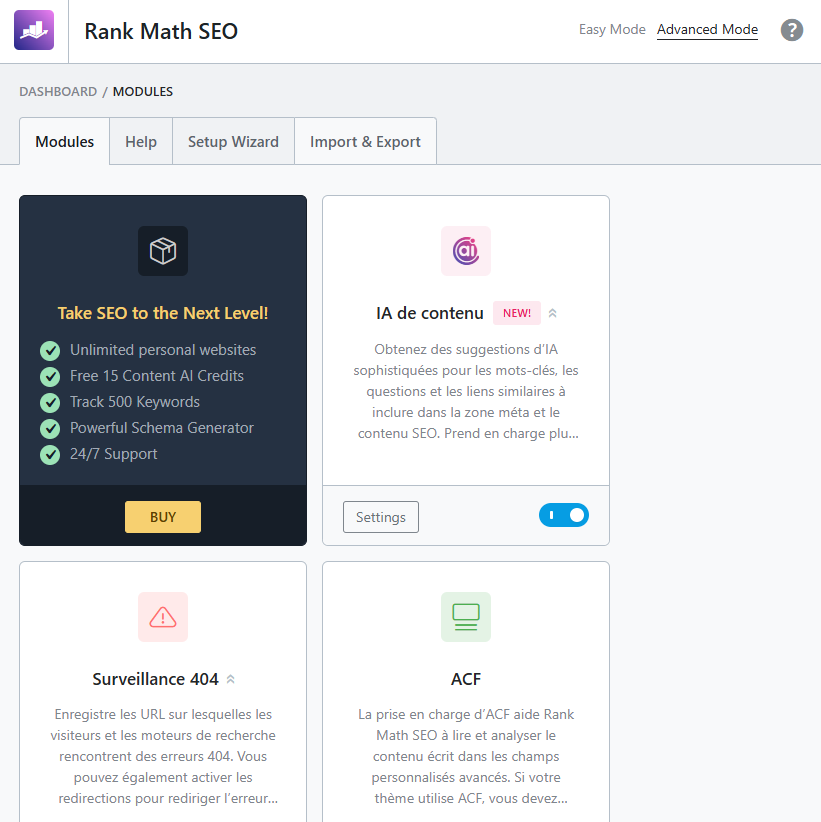 Capture d'écran du tableau de bord de Rank Math, plugin SEO WordPress