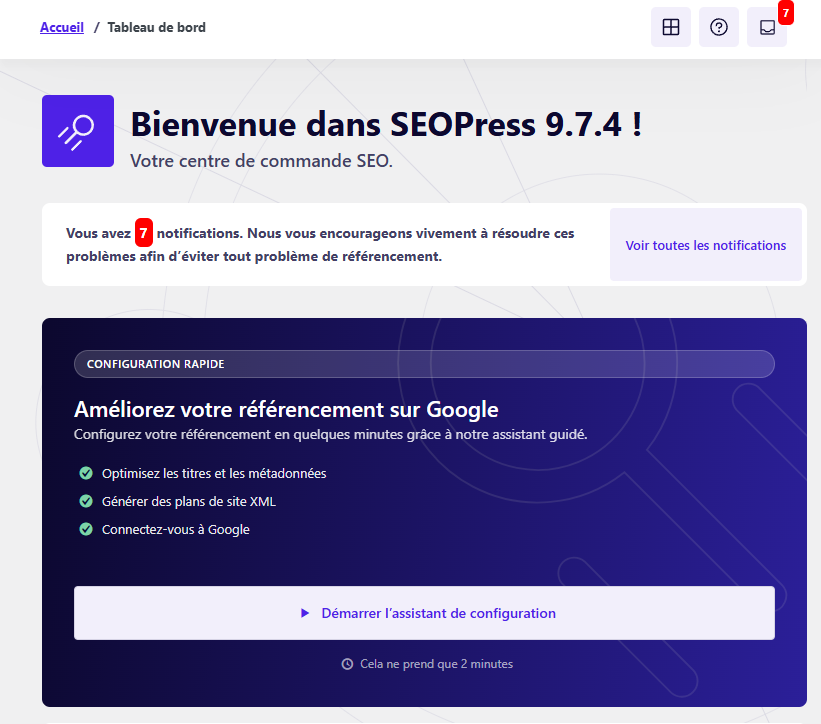 Capture d'écran du tableau de bord de l'extension SEO WordPress SEOPress
