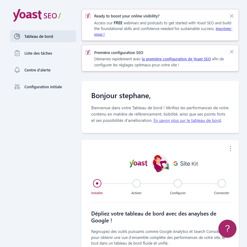 Capture d'écran tableau de bord Yoast SEO, plugin SEO WordPress